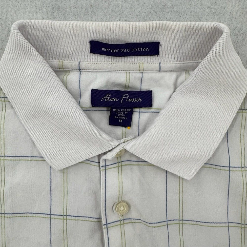 Alan Flusser Polo Shirt Mens Medium White Windowpane Check Cotton Classic Fit - Picture 3 of 8